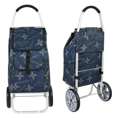 Carucior cumparaturi pliabil cu 2 roti rezistente si sac textil, detasabil cu 2 buzunare laterale, Naimeed D6871, capacitate 49L, 100x45x34cm, Albastru