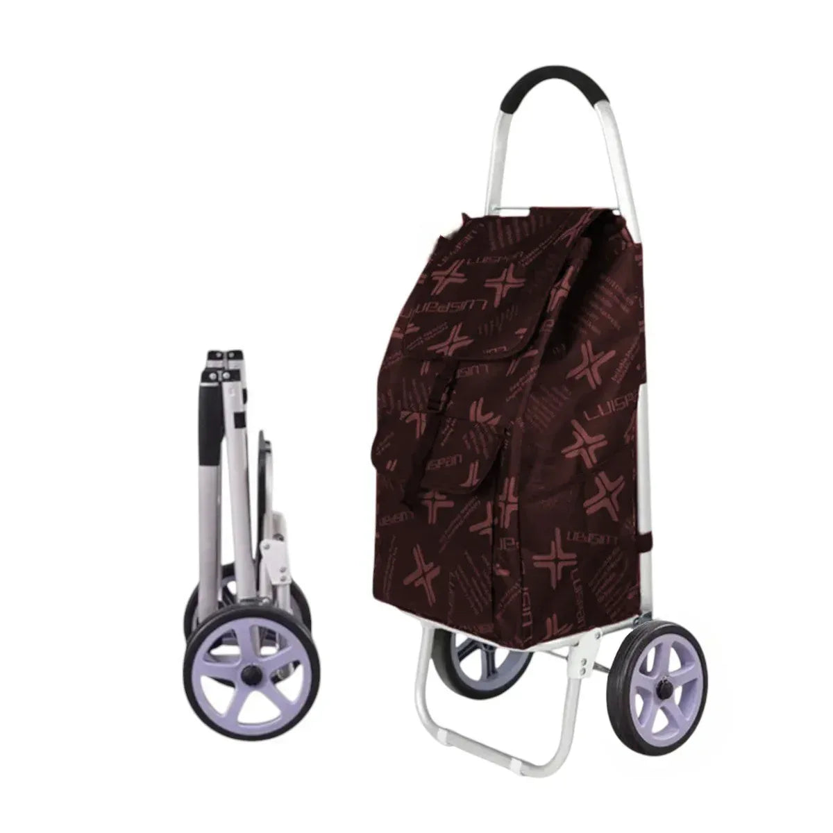 Carucior cumparaturi pliabil cu 2 roti rezistente si sac textil, detasabil cu 2 buzunare laterale, Naimeed D6872, capacitate 49L, 100x45x34cm, Maro