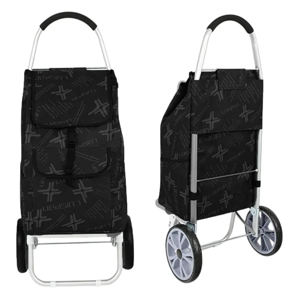 Carucior cumparaturi pliabil cu 2 roti rezistente si sac textil, detasabil cu 2 buzunare laterale, Naimeed D6873, capacitate 49L, 100x45x34cm, Negru