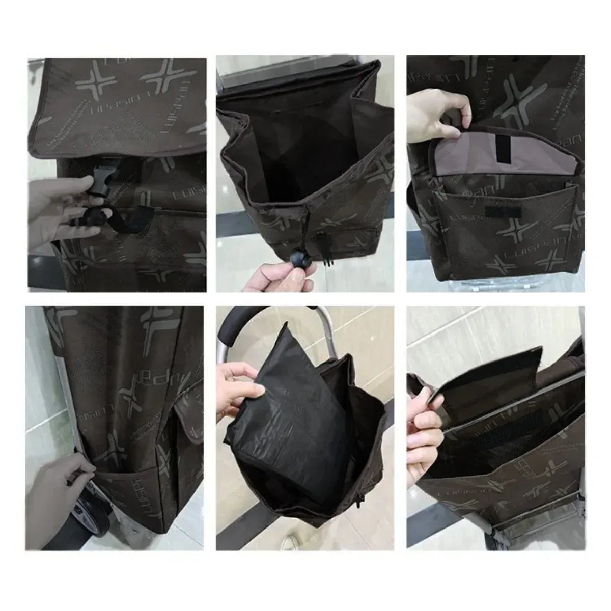 Carucior cumparaturi pliabil cu 2 roti rezistente si sac textil, detasabil cu 2 buzunare laterale, Naimeed D6873, capacitate 49L, 100x45x34cm, Negru