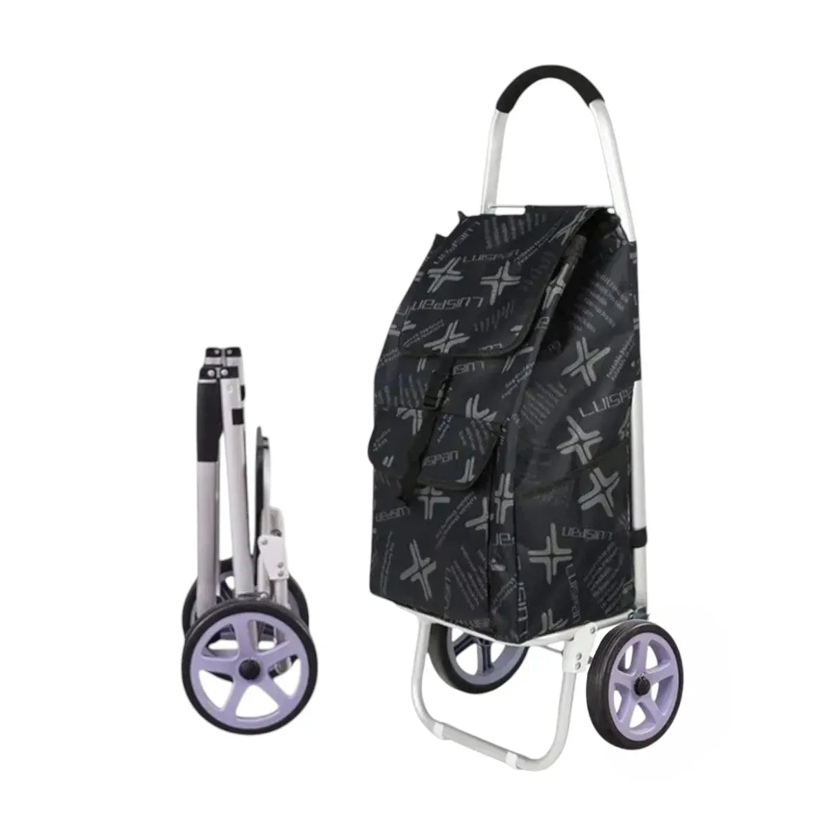 Carucior cumparaturi pliabil cu 2 roti rezistente si sac textil, detasabil cu 2 buzunare laterale, Naimeed D6873, capacitate 49L, 100x45x34cm, Negru