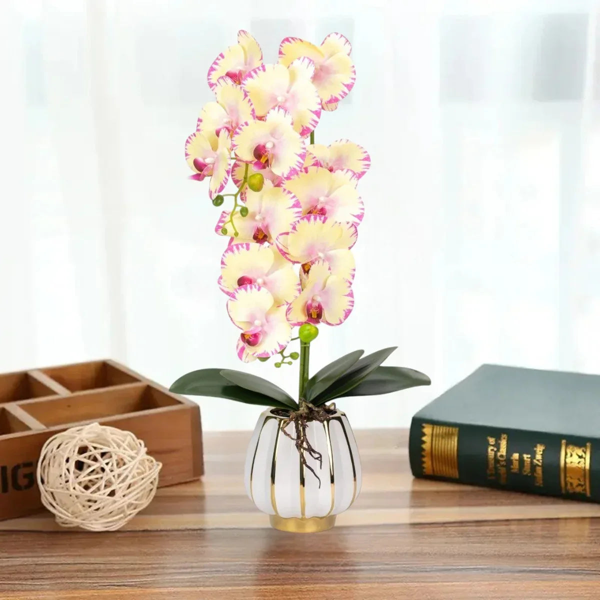 Orhidee cu aspect natural in ghiveci ceramic, 79 cm, Naimeed D6901, Galben pal