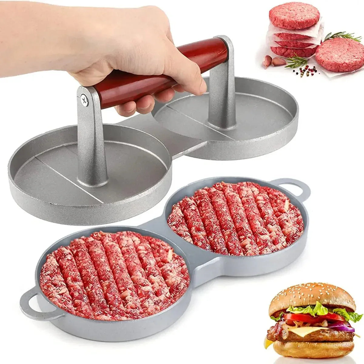Presa dubla pentru burgeri din aluminiu cu maner din lemni,28.5x12x8.5cm, Naimeed D6998, Gri