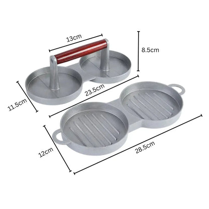 Presa dubla pentru burgeri din aluminiu cu maner din lemni,28.5x12x8.5cm, Naimeed D6998, Gri