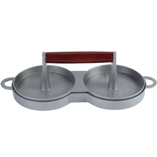 Presa dubla pentru burgeri din aluminiu cu maner din lemni,28.5x12x8.5cm, Naimeed D6998, Gri