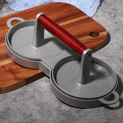 Presa dubla pentru burgeri din aluminiu cu maner din lemni,28.5x12x8.5cm, Naimeed D6998, Gri