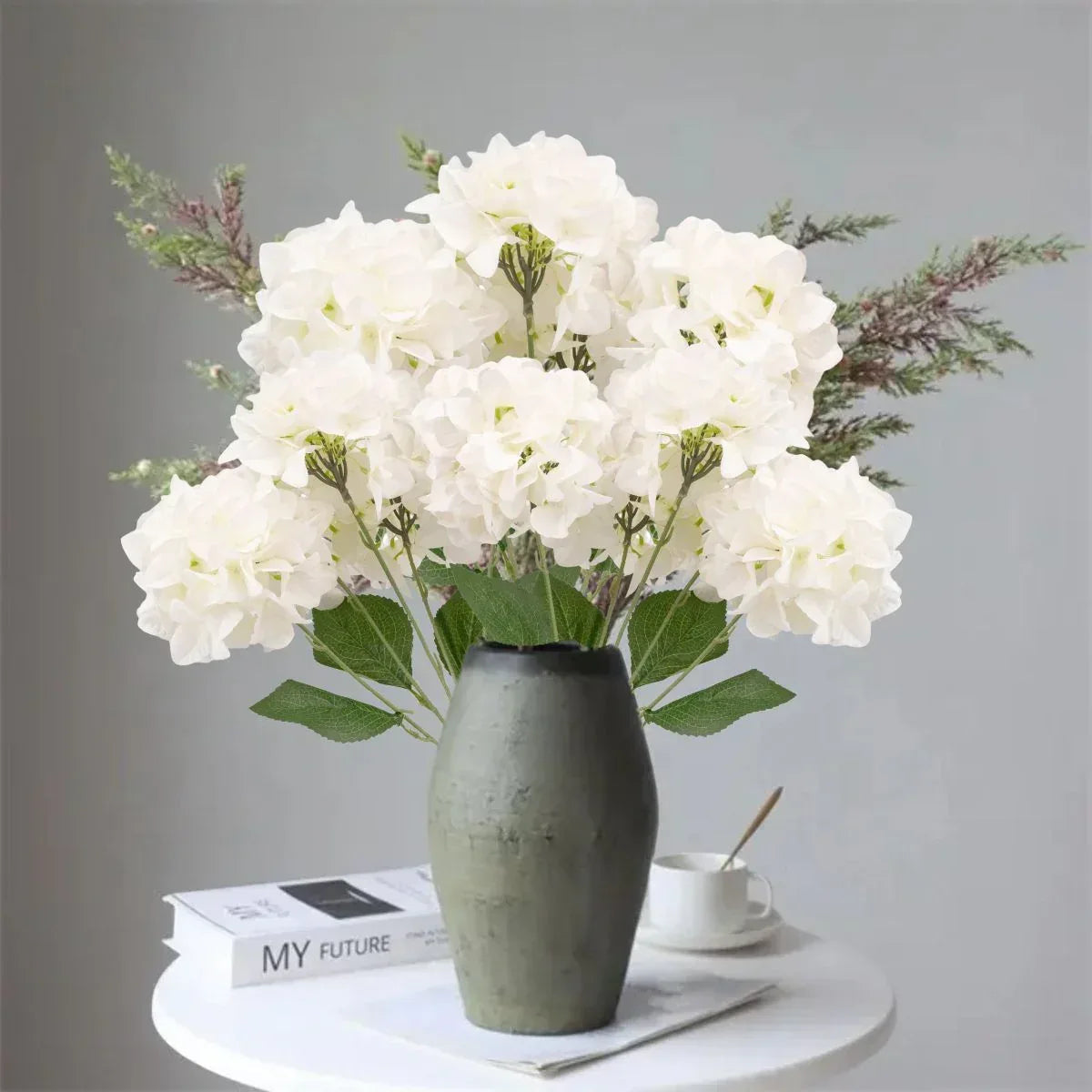 Buchet floare artificiala, Hortensie cu 5 ramuri si 6 capete, 50 cm, Naimeed D7031, Alb