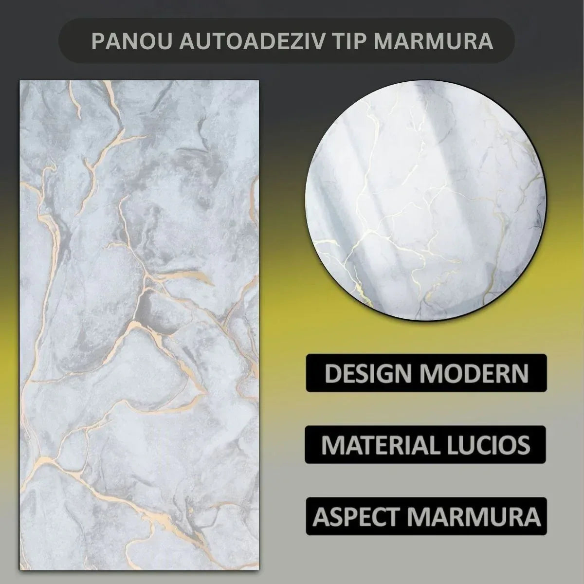 Set 6 panouri decorative autoadezive cu folie de aluminiu, efect marmura,  suprafata acoperita 1.08 m², Naimeed D7106, 60x30 cm, Gri