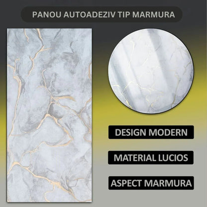 Set 6 panouri decorative autoadezive cu folie de aluminiu, efect marmura,  suprafata acoperita 1.08 m², Naimeed D7106, 60x30 cm, Gri