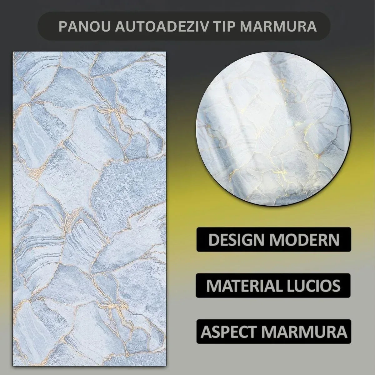 Set 6 panouri decorative autoadezive cu folie de aluminiu, efect marmura,  suprafata acoperita 1.08 m², Naimeed D7112, 60x30 cm, Albastru