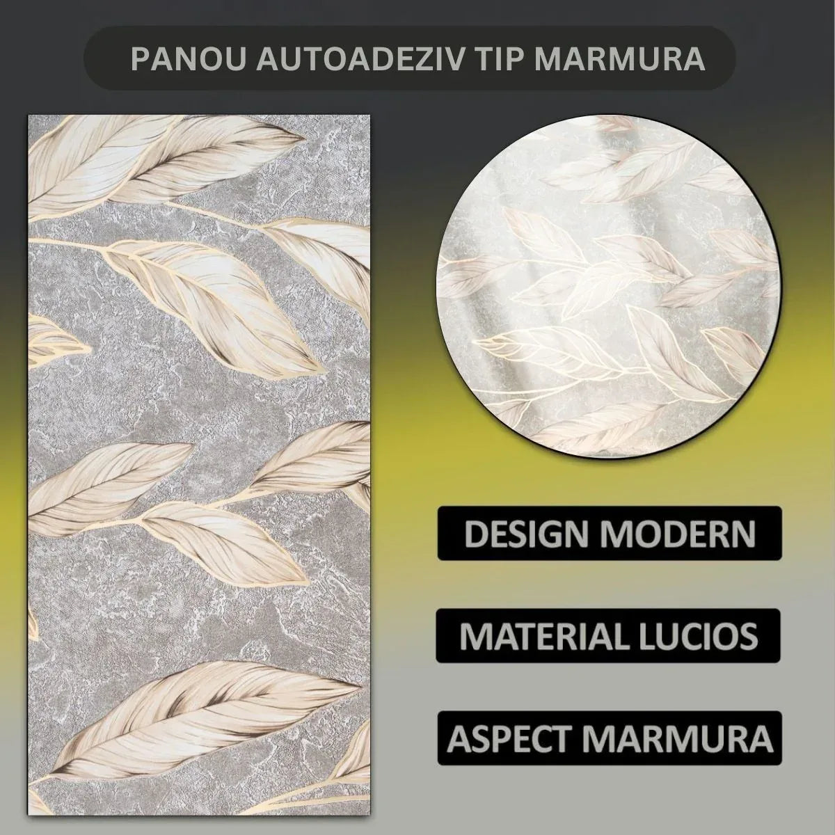 Set 6 panouri decorative autoadezive cu folie de aluminiu, efect marmura,  suprafata acoperita 1.08 m², Naimeed D7114, 60x30 cm, Gri