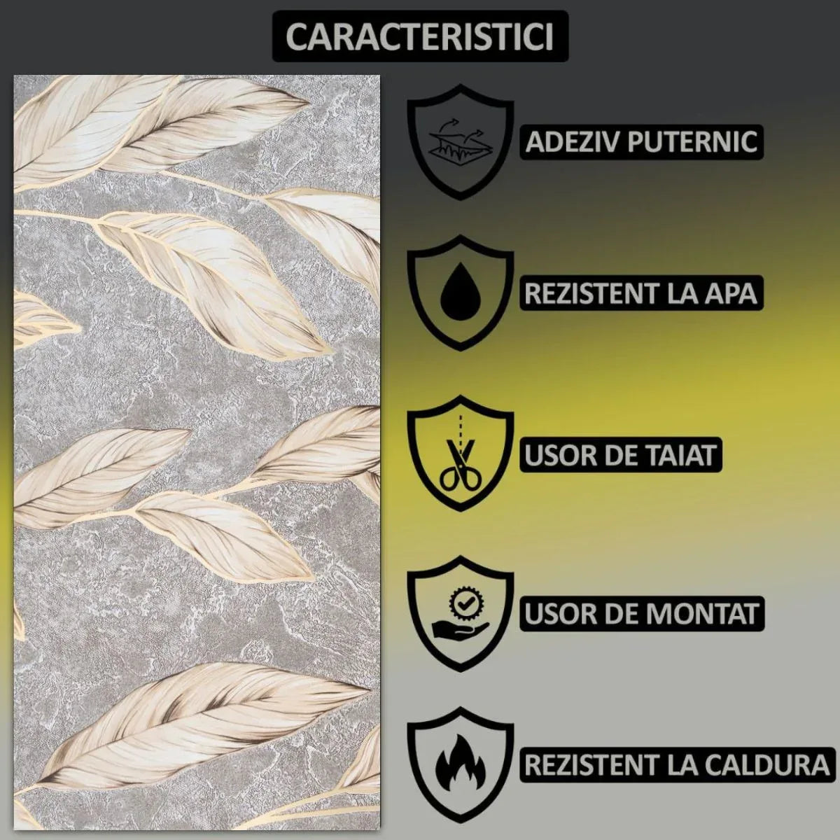Set 6 panouri decorative autoadezive cu folie de aluminiu, efect marmura,  suprafata acoperita 1.08 m², Naimeed D7114, 60x30 cm, Gri