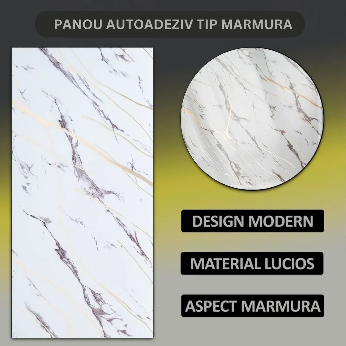 Set 6 panouri decorative autoadezive cu folie de aluminiu, efect marmura,  suprafata acoperita 1.08 m², Naimeed D7124, 60x30 cm, Alb