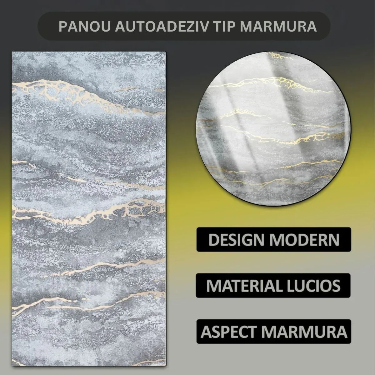 Set 6 panouri decorative autoadezive cu folie de aluminiu, efect marmura,  suprafata acoperita 1.08 m², Naimeed D7126, 60x30 cm, Gri inchis