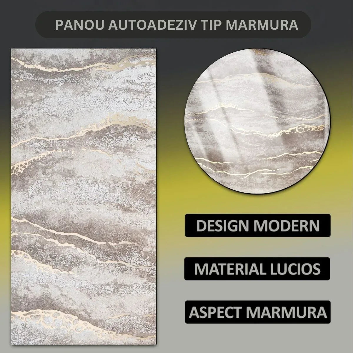 Set 6 panouri decorative autoadezive cu folie de aluminiu, efect marmura,  suprafata acoperita 1.08 m², Naimeed D7128, 60x30 cm, Maro deschis
