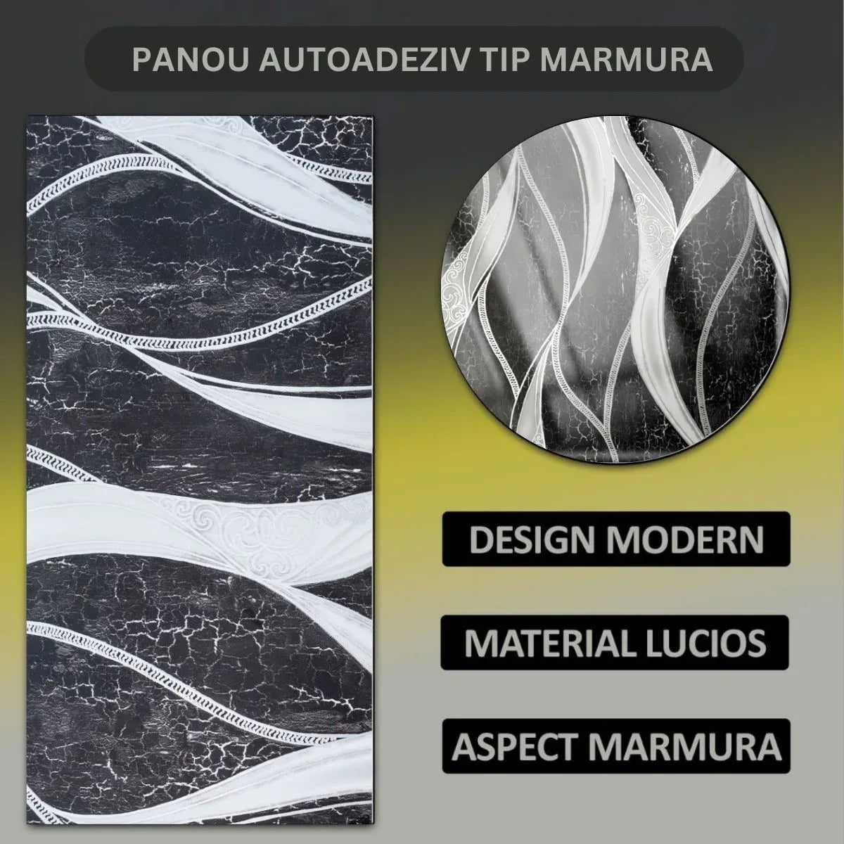 Set 6 panouri decorative autoadezive cu folie de aluminiu, efect marmura,  suprafata acoperita 1.08 m², Naimeed D7132, 60x30 cm, Negru