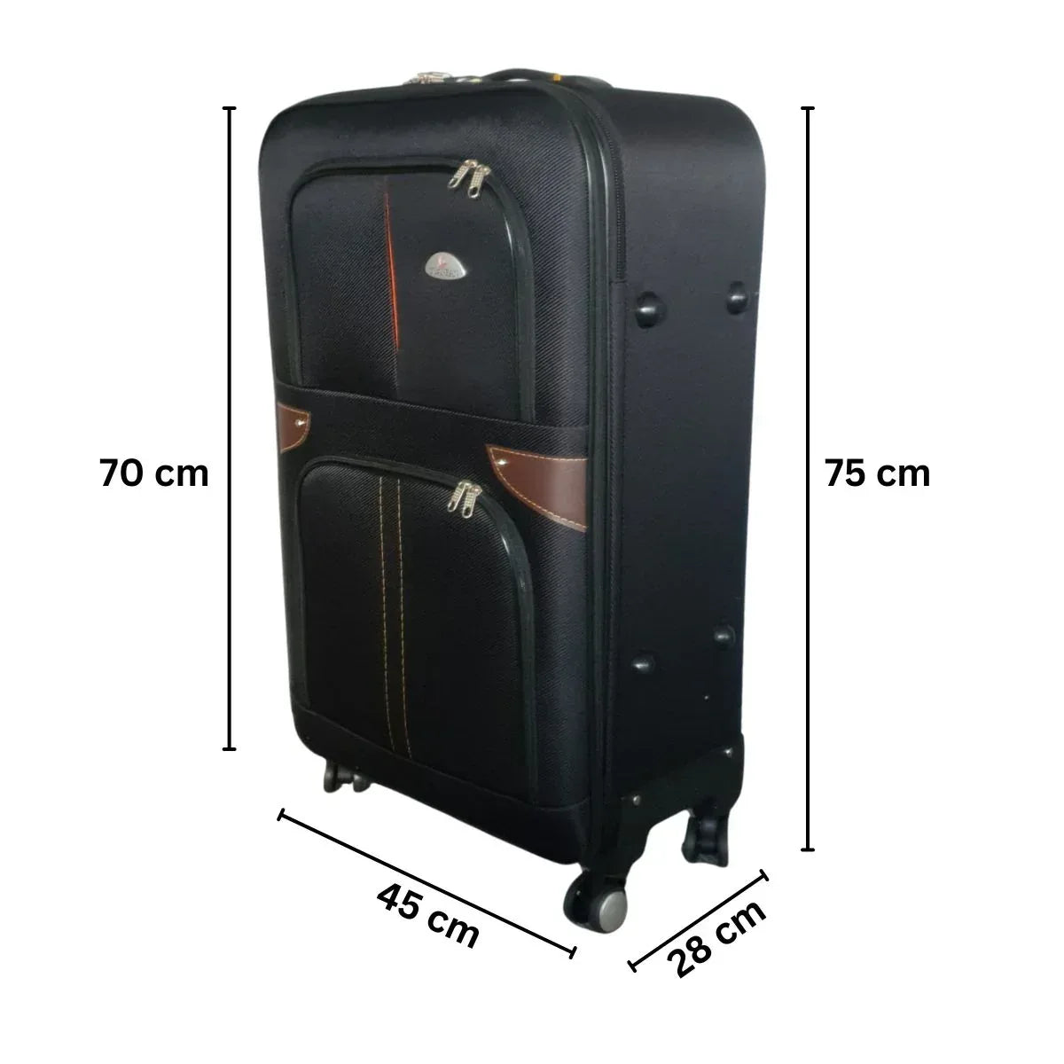 Troler voiaj, Mare, Naimeed D7180, 4 roti duble 360 grade, material textil, inchidere cifru, Negru, 45x28x75cm