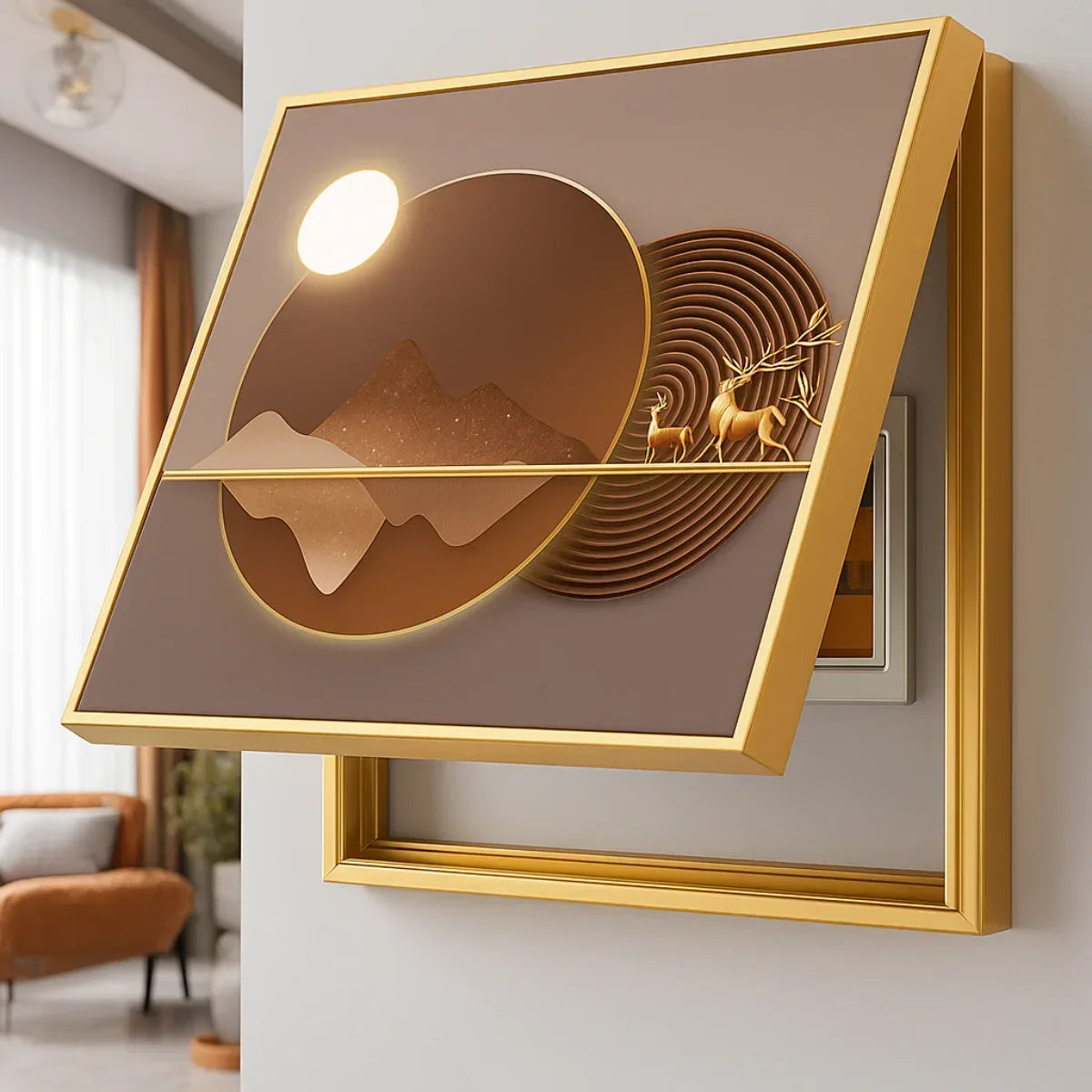 Capac tablou pentru contor electric, Naimeed D7227, mascare tablou electric, design modern si elegant, 40x50x3,8cm, rama aurie