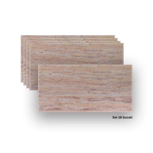 Set 16 panouri decorative din praf de piatra, Naimeed D7309, ignifuge, strat protector ceramic, rezistente la razele UV, 120x60x0.2 cm, bej ruginiu