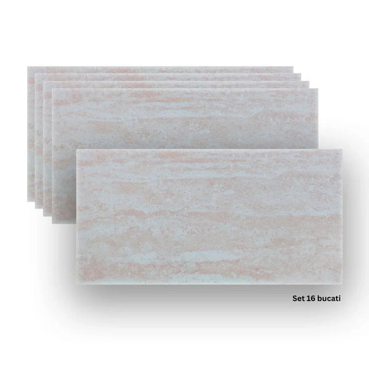 Set 16 panouri decorative din praf de piatra, Naimeed D7311, ignifuge, strat protector ceramic, rezistente la razele UV, 120x60x0.2 cm, bej rozaliu