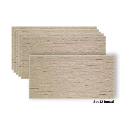 Set 12 panouri decorative din praf de piatra, Naimeed D7351, flexibile, ignifuge, strat protector ceramic, rezistente la razele UV, 120x60x0.2 cm, bej vanilie