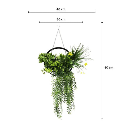 Aranjament Suspendat cu Plante Artificiale pe Disc Decorativ Negru, Naimeed D7447, diametru 30 cm
