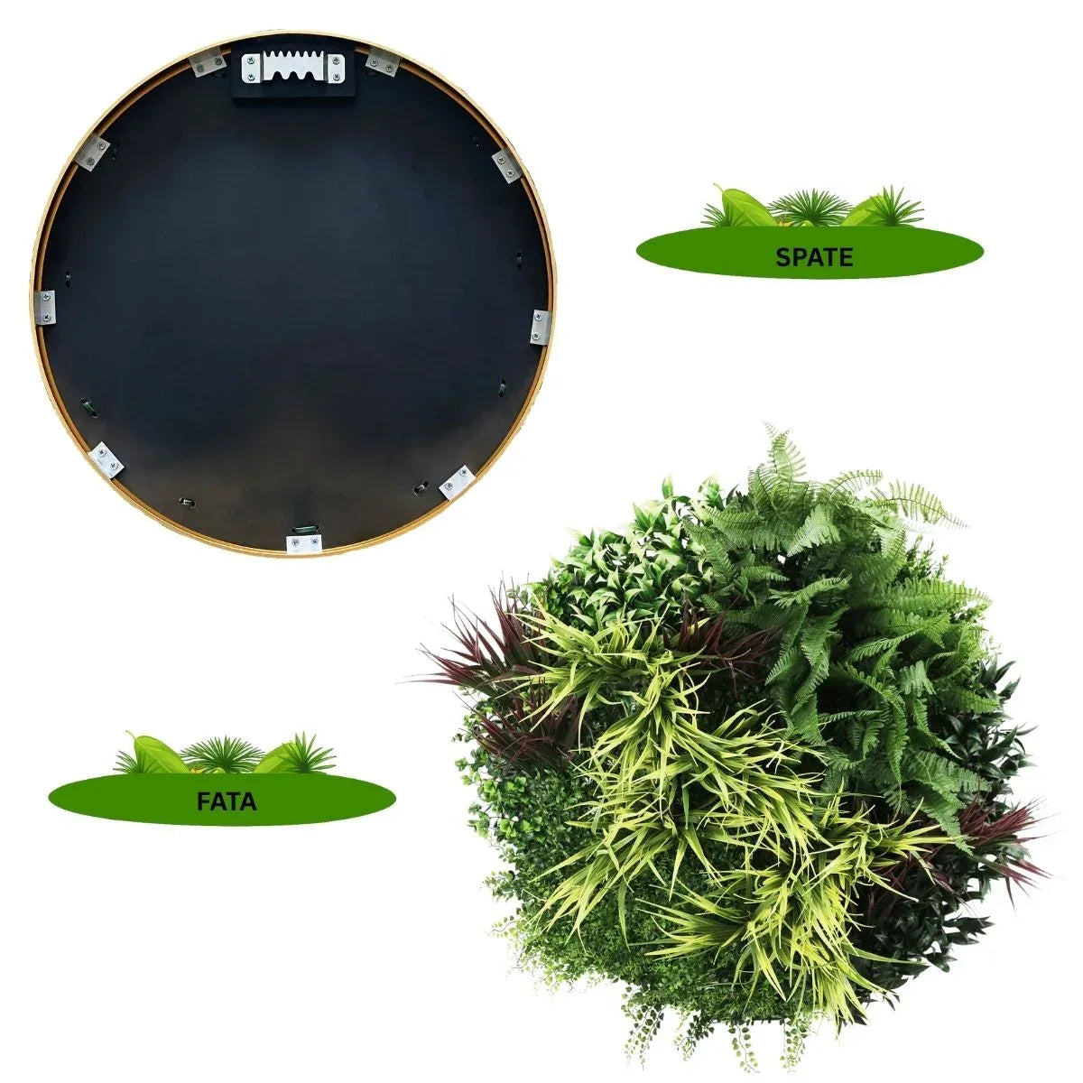 Aranjament decorativ, de perete, cu ramă din aluminiu și plante artificiale Naimeed D7452, diametru 80 cm