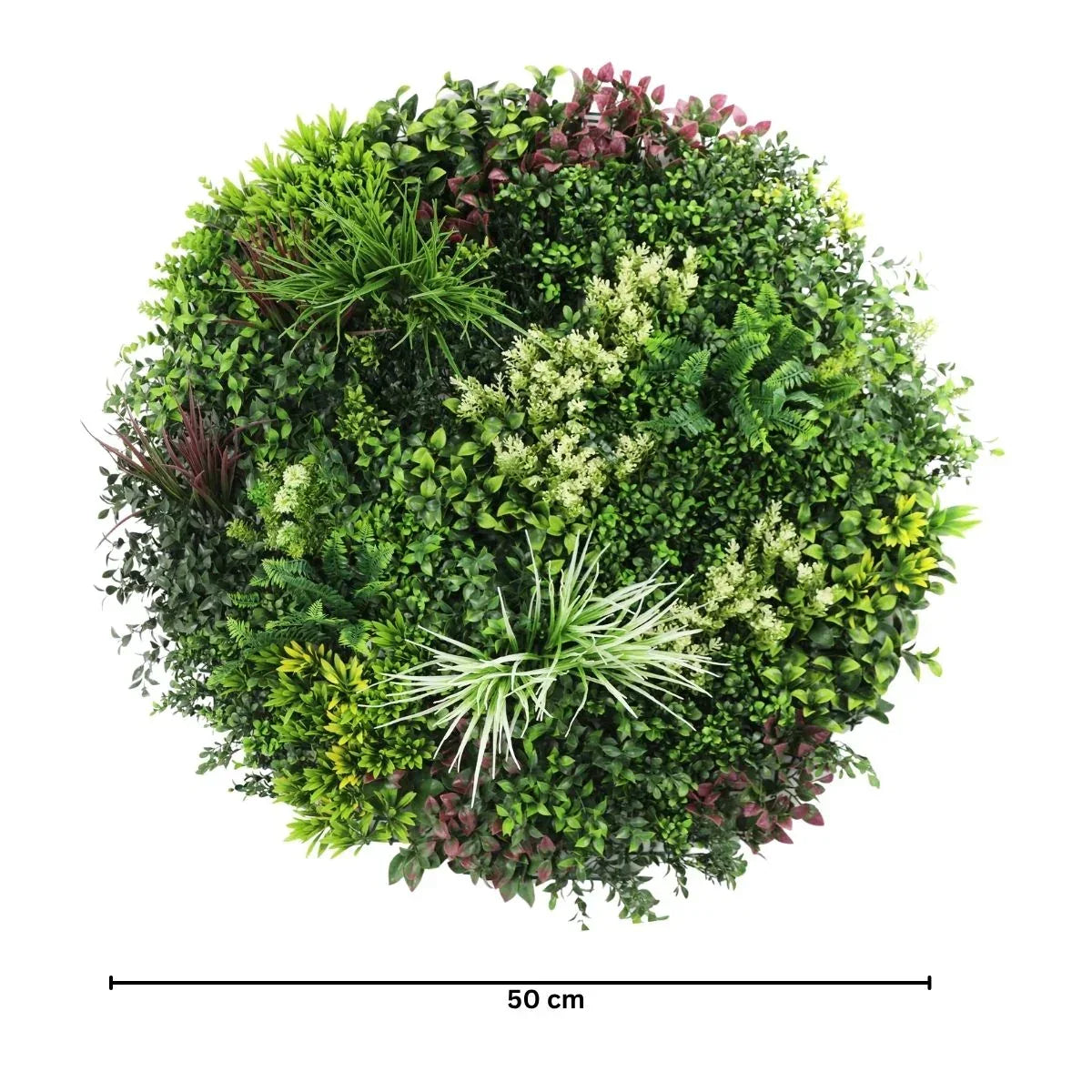Aranjament decorativ, de perete, cu ramă din aluminiu și plante artificiale Naimeed D7453, diametru 100 cm