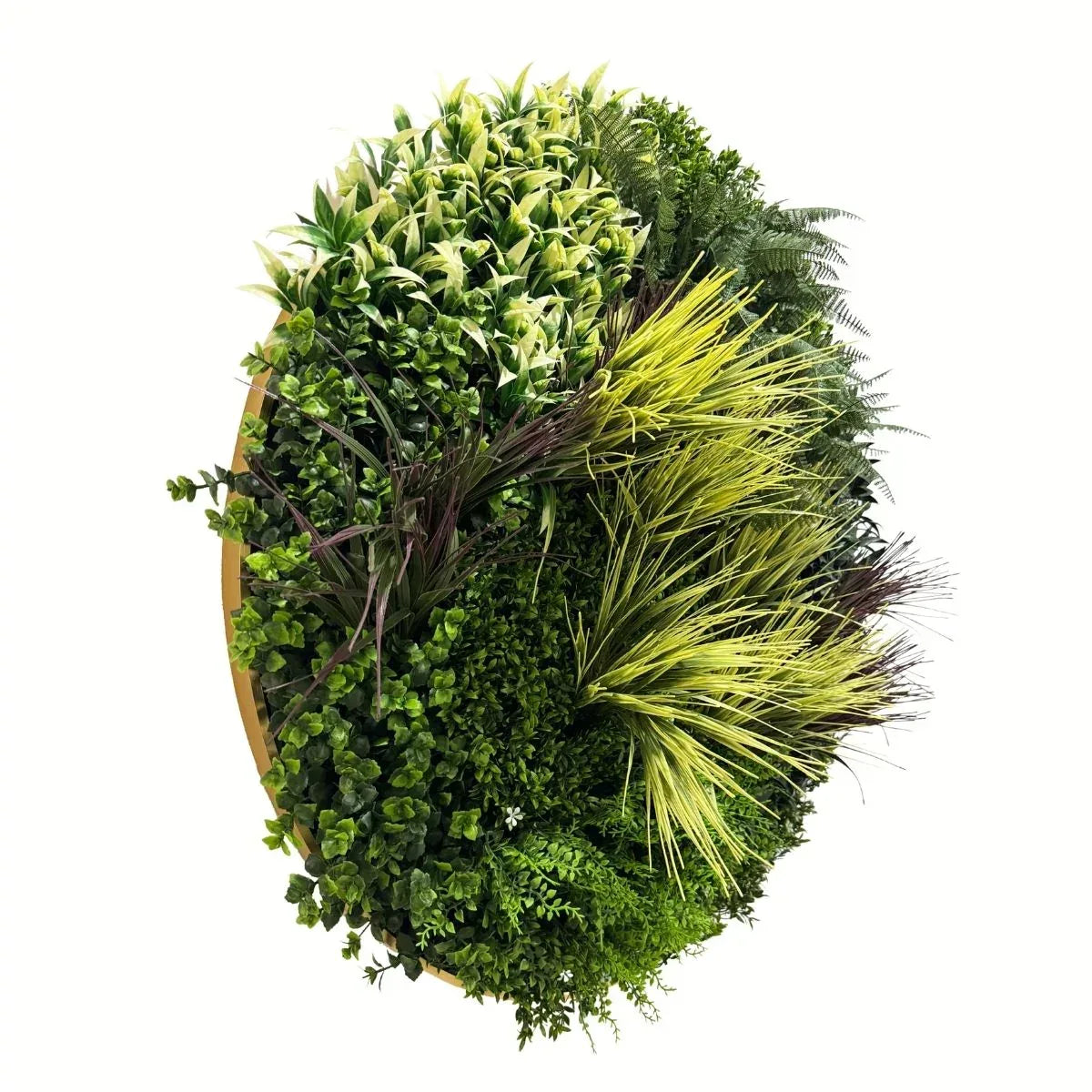 Aranjament decorativ, de perete, cu ramă din aluminiu și plante artificiale Naimeed D7464, diametru 100 cm