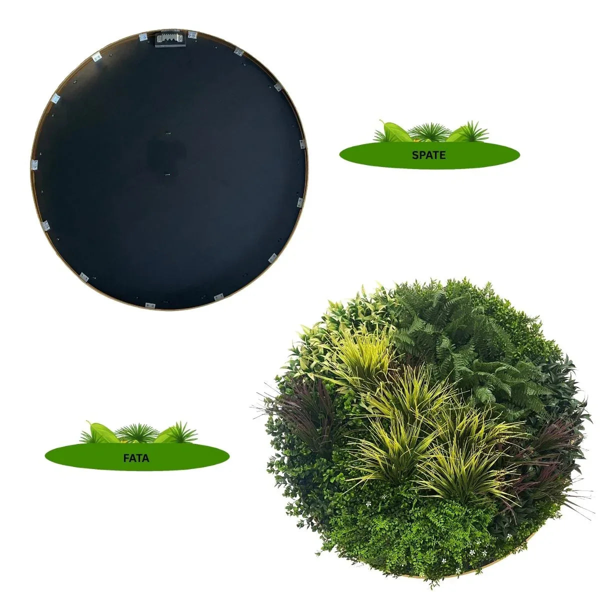 Aranjament decorativ, de perete, cu ramă din aluminiu și plante artificiale Naimeed D7464, diametru 100 cm