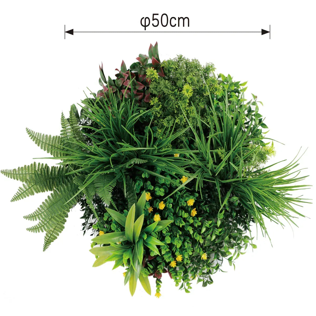 Aranjament decorativ, de perete, cu ramă din aluminiu și plante artificiale Naimeed D7468, diametru 50 cm