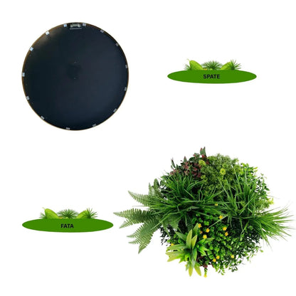 Aranjament decorativ, de perete, cu ramă din aluminiu și plante artificiale Naimeed D7468, diametru 50 cm