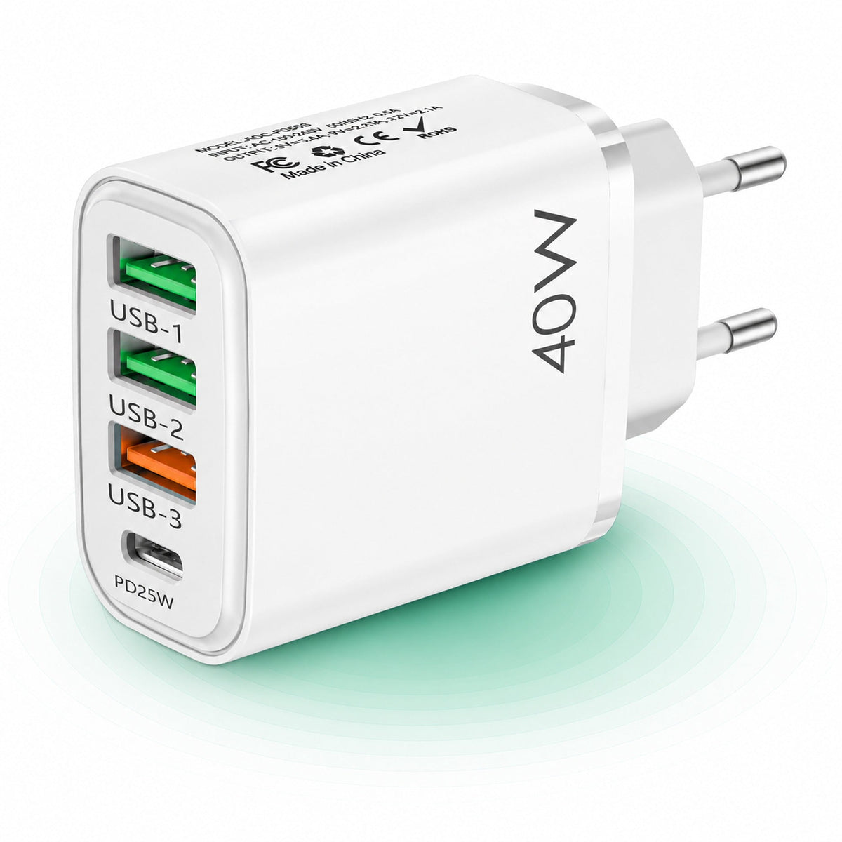 Incarcator Retea Timebox, 4 Porturi, 40W, 1 x Type-C, 3 x USB, Alb