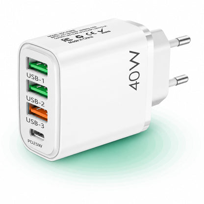 Incarcator Retea Timebox, 4 Porturi, 40W, 1 x Type-C, 3 x USB, Alb