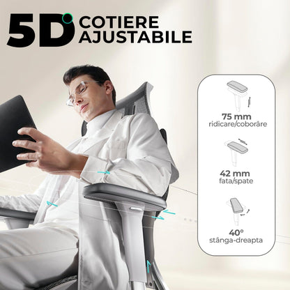Scaun ergonomic Timebox, Cotiere 5D, pana la 150 kg, 150°, Gri