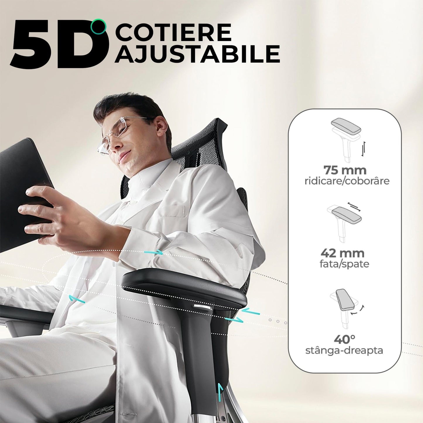 Scaun ergonomic Timebox, Cotiere 5D, pana la 150 kg, 150°, Negru
