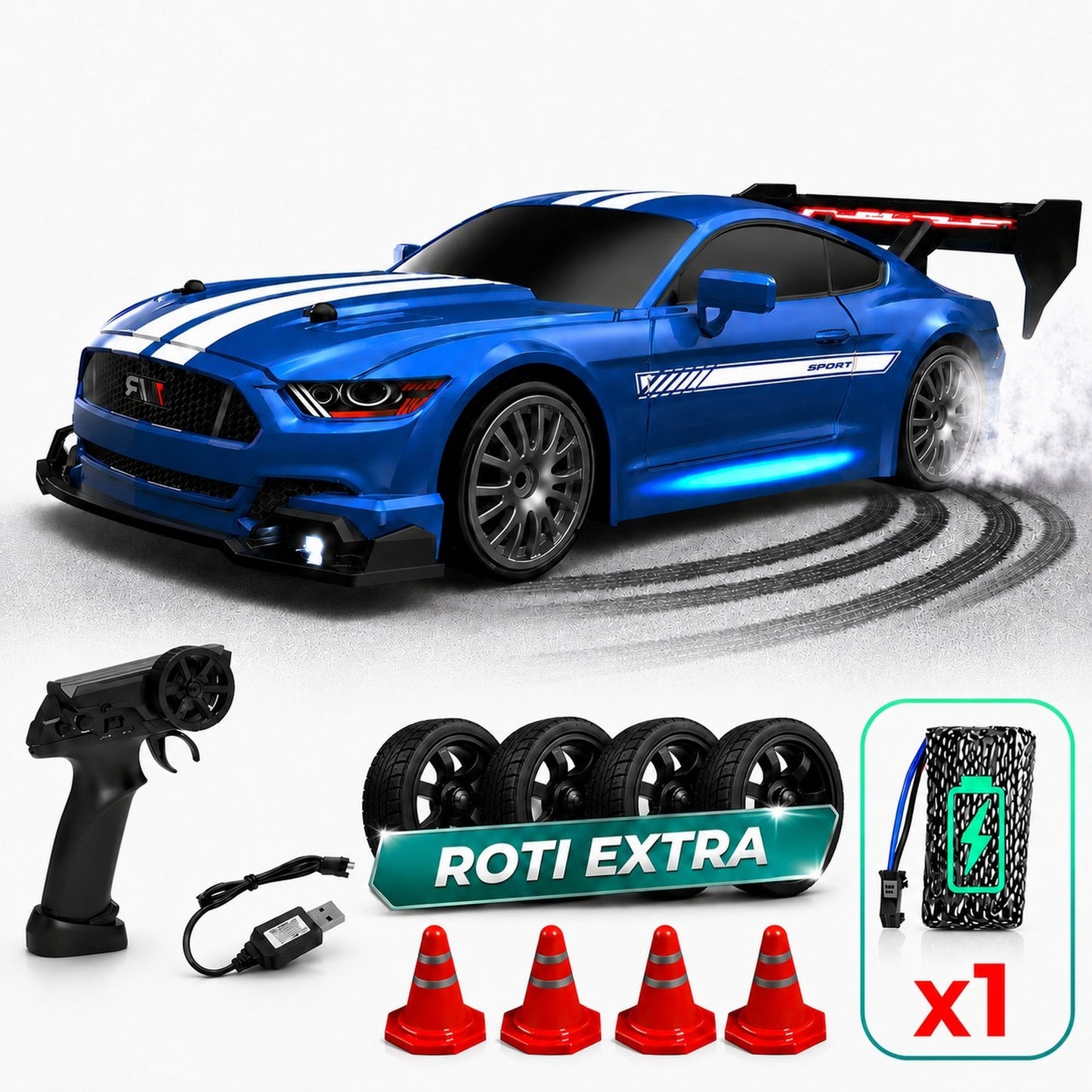 Masina cu telecomanda RC Timebox, 30km/h, 1:24, 4x4, Drift car, Albastru