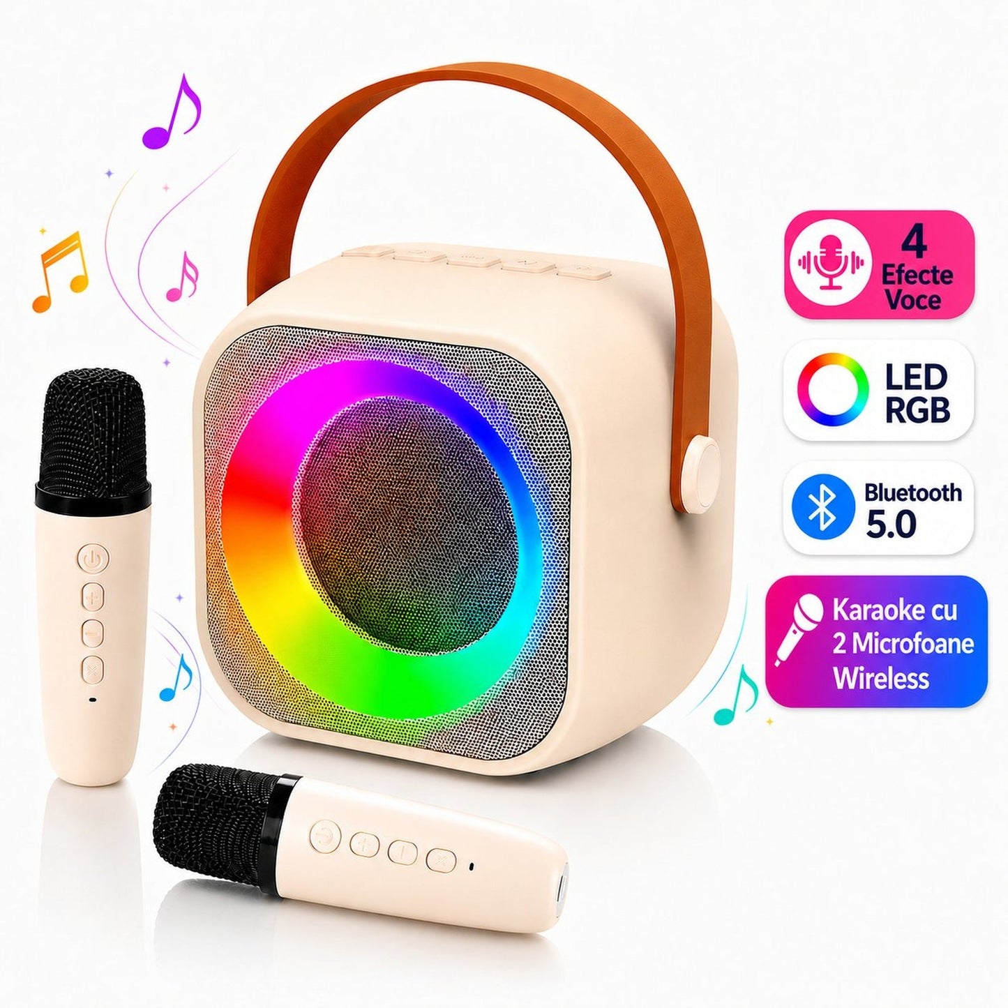 Set Boxa Bluetooth 5, 0 Karaoke Cu 2 Microfoane Wireless, Multi-Functionala, Bej