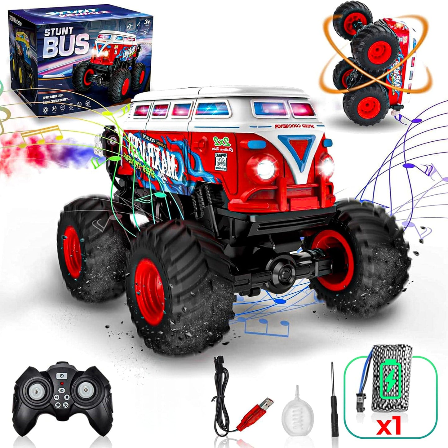 Masina cu Telecomanda Timebox, 1:20, 4x4, Tip Autobuz Scolar, Drift 360°, Rosu