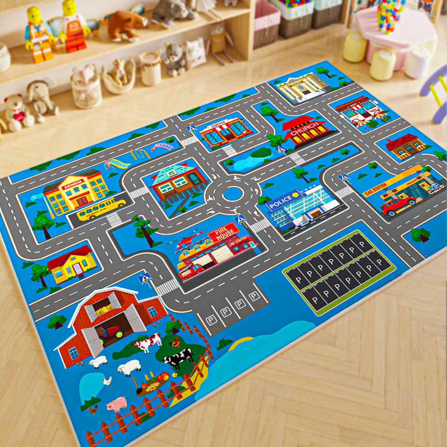 Covor Copii cu Design Orasel si Drumuri, Model Interactiv cu Ferma, Scoala