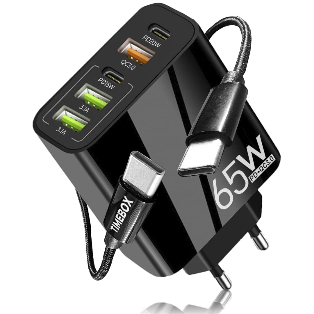 Incarcator Retea, 65W, 5 Porturi, 3 x USB, 2 x Type-C, Negru