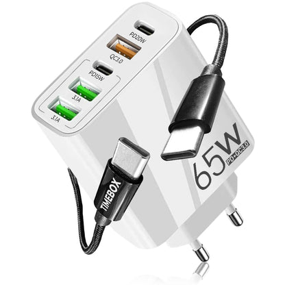 Incarcator Retea, 65W, 5 Porturi, 3 x USB, 2 x Type-C, Alb