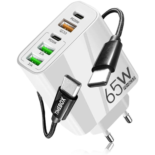 Incarcator Retea, 65W, 5 Porturi, 3 x USB, 2 x Type-C, Alb