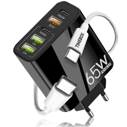 Incarcator Retea, 65W, 5 Porturi, 3 x USB, 2 x Type-C, Negru