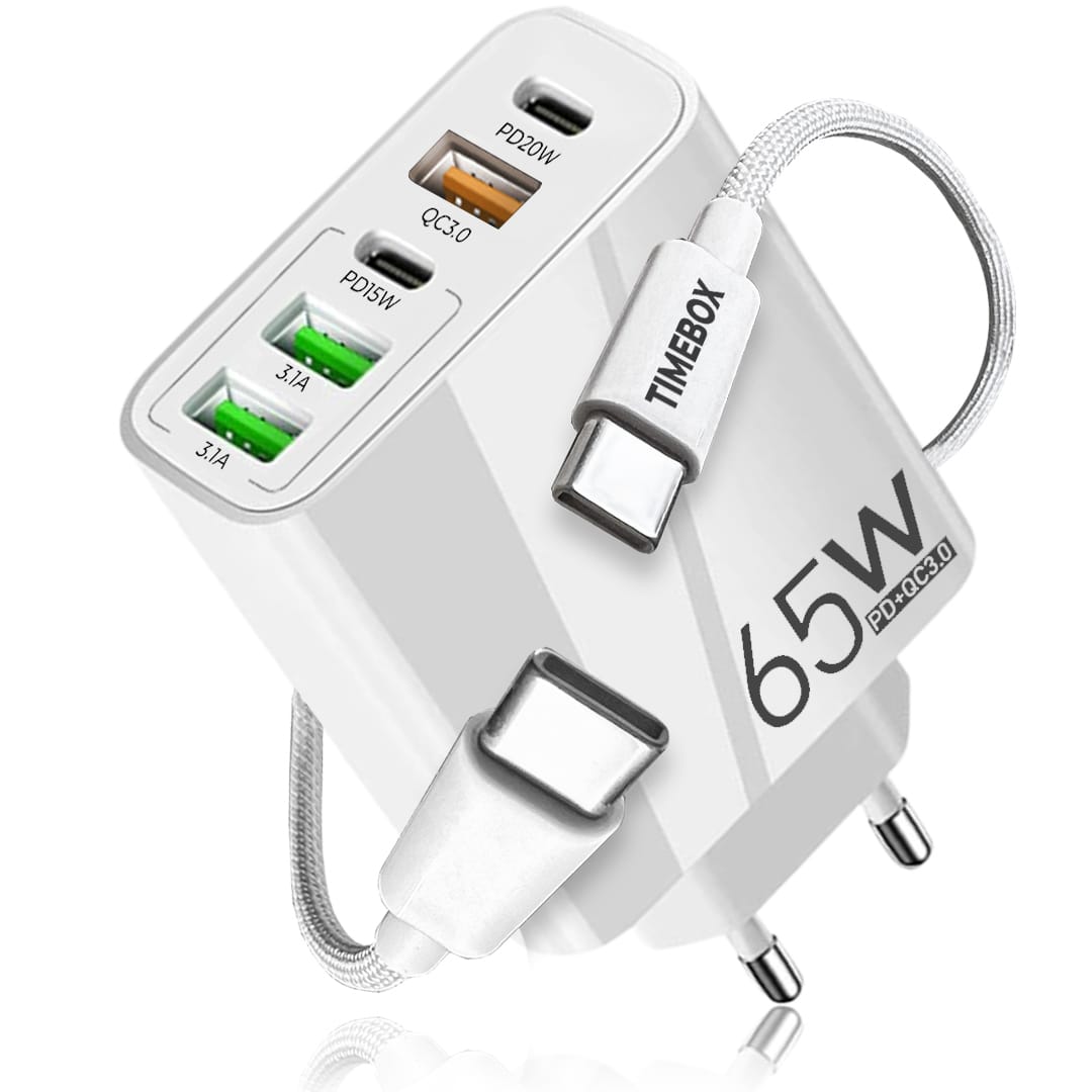 Incarcator Retea, 65W, 5 Porturi, 3 x USB, 2 x Type-C, Alb