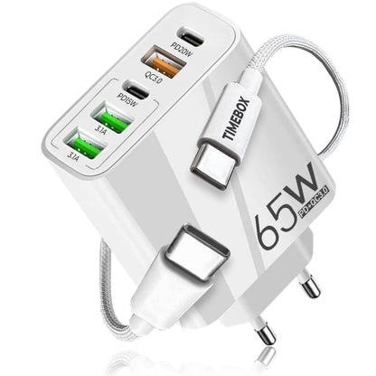 Incarcator Retea, 65W, 5 Porturi, 3 x USB, 2 x Type-C, Alb