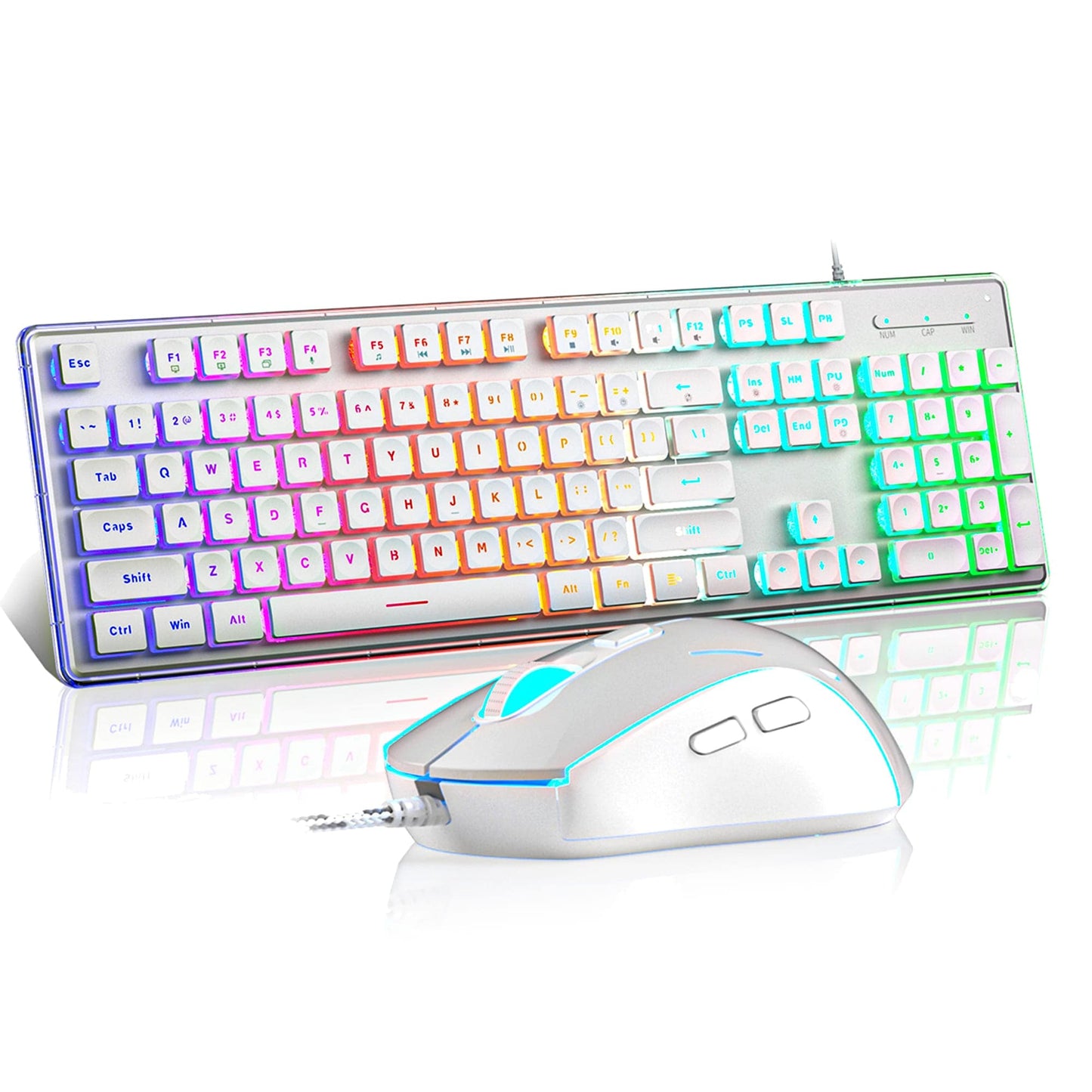 Kit Tastatura, Mouse Gaming RGB, 104 Taste Subtiri cu Functii Multimedia, Alb