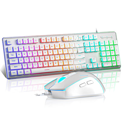 Kit Tastatura, Mouse Gaming RGB, 104 Taste Subtiri cu Functii Multimedia, Alb