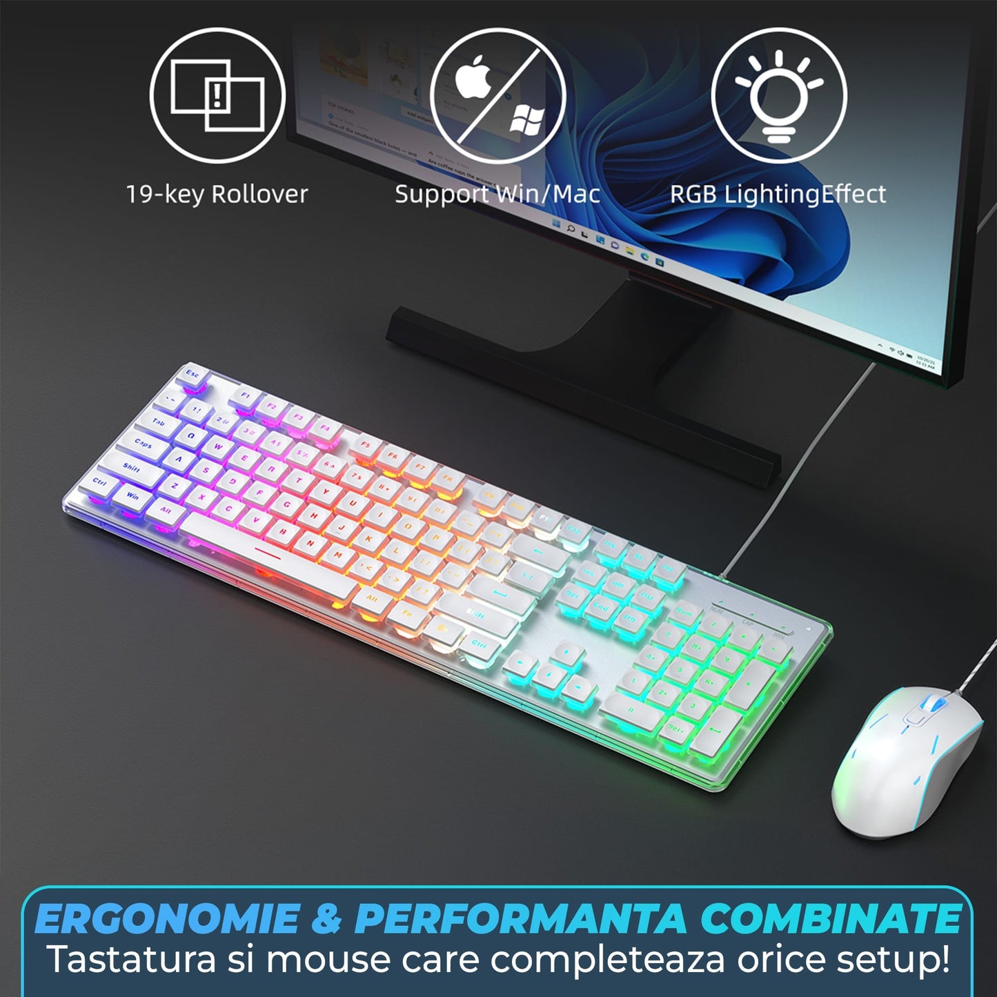 Kit Tastatura, Mouse Gaming RGB, 104 Taste Subtiri cu Functii Multimedia, Alb