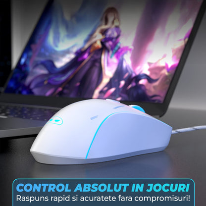 Kit Tastatura, Mouse Gaming RGB, 104 Taste Subtiri cu Functii Multimedia, Alb